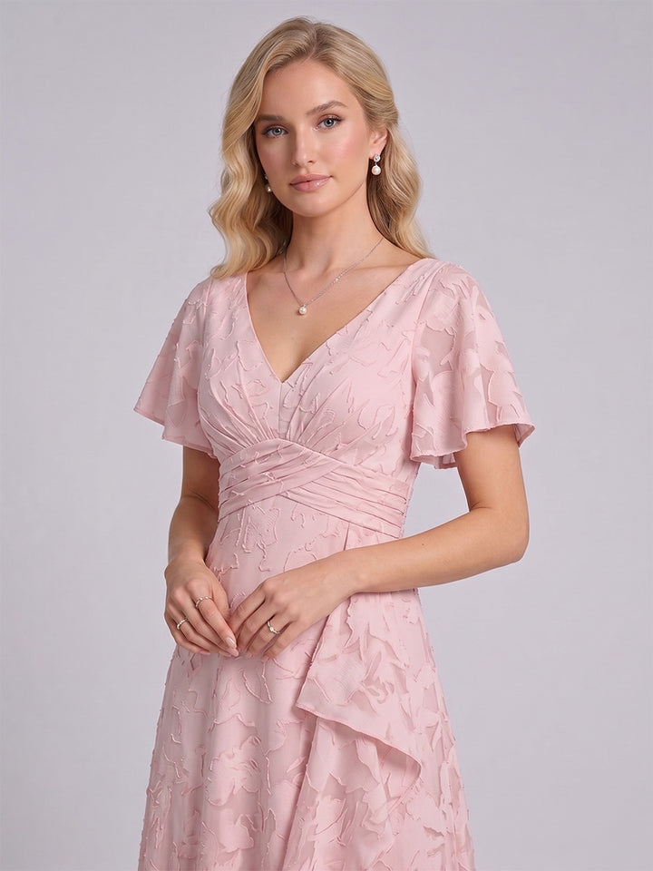 A-Line/Princess V-Neck Short Sleeves Floor-Length Long Bridesmaid Dresses with Ruffles