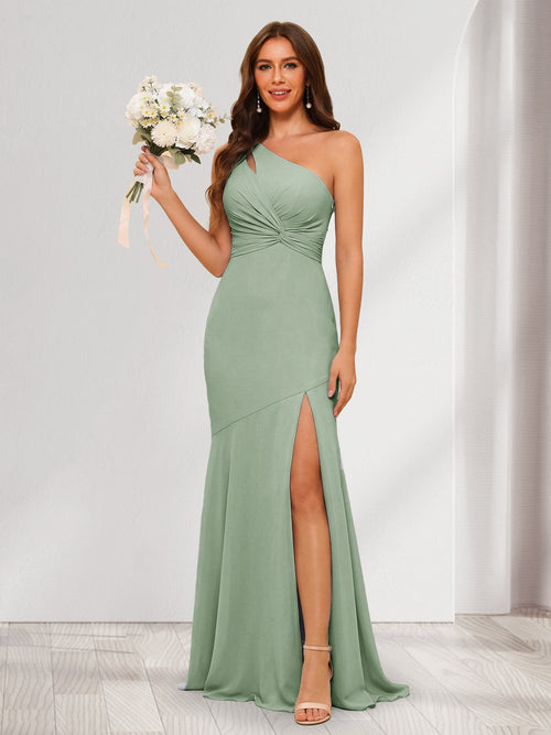 A-Line/Princess One-Shoulder Sleeveless Floor-Length Bridesmaid Dresses with Split Side & Ruched