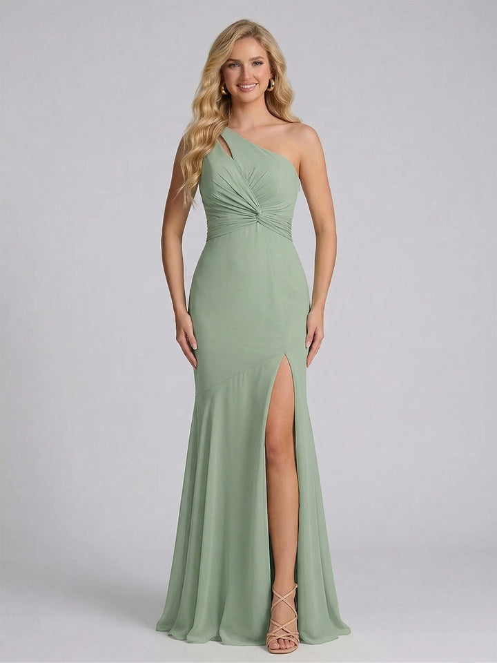 A-Line/Princess One-Shoulder Sleeveless Floor-Length Bridesmaid Dresses with Split Side &amp; Ruched