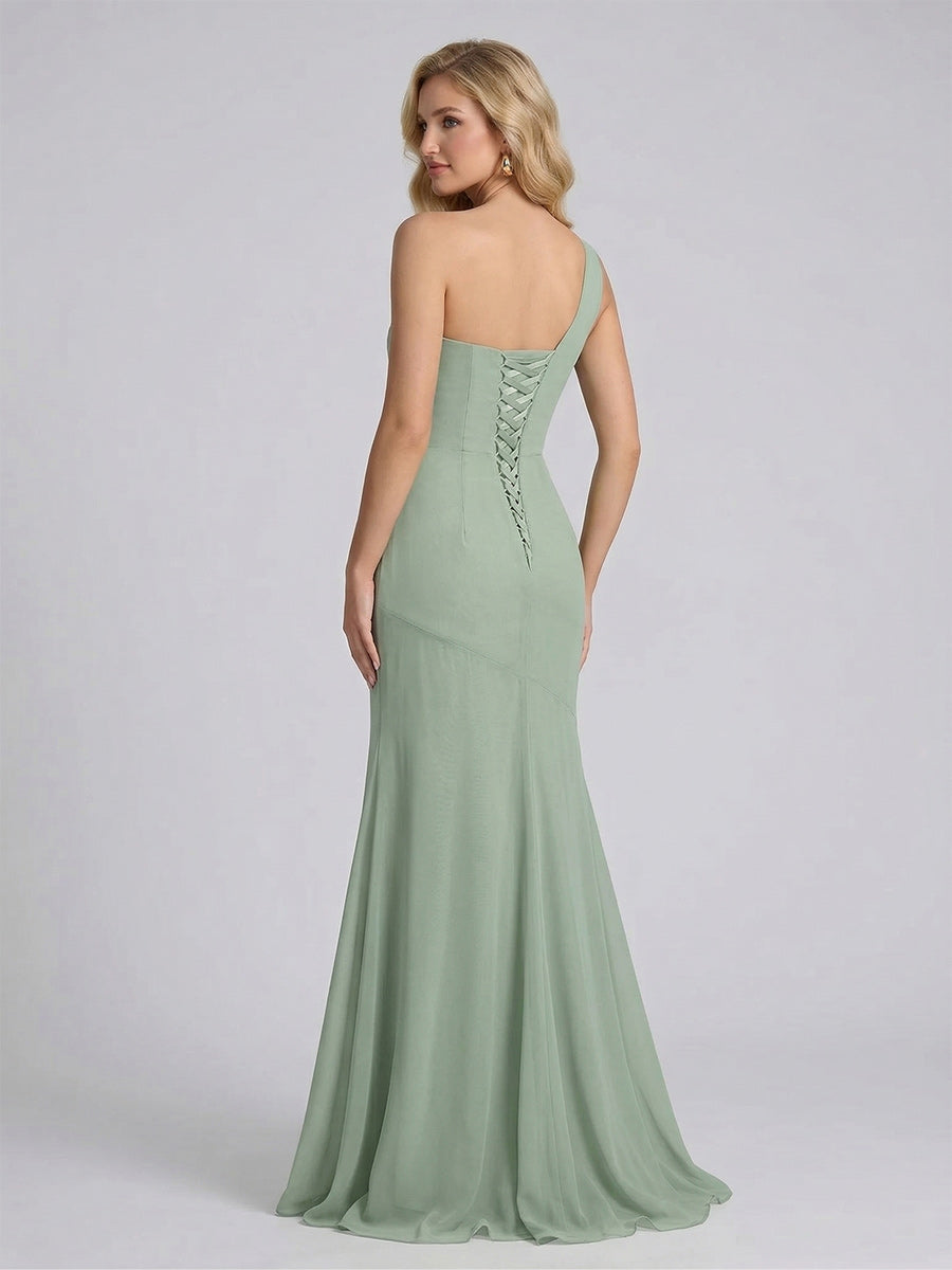 A-Line/Princess One-Shoulder Sleeveless Floor-Length Bridesmaid Dresses with Split Side &amp; Ruched