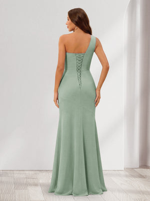 A-Line/Princess One-Shoulder Sleeveless Floor-Length Bridesmaid Dresses with Split Side & Ruched