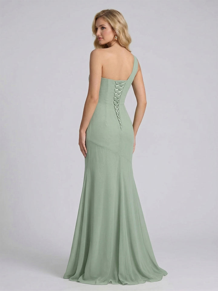 A-Line/Princess One-Shoulder Sleeveless Floor-Length Bridesmaid Dresses with Split Side &amp; Ruched