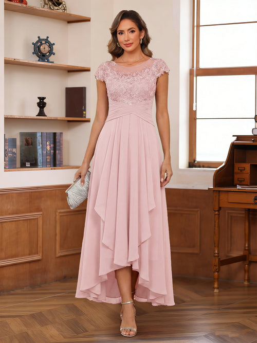 A-Line/Princess Scoop Short Sleeves Ankle-Length Mother of the Bride Dresses with Lace & Applique