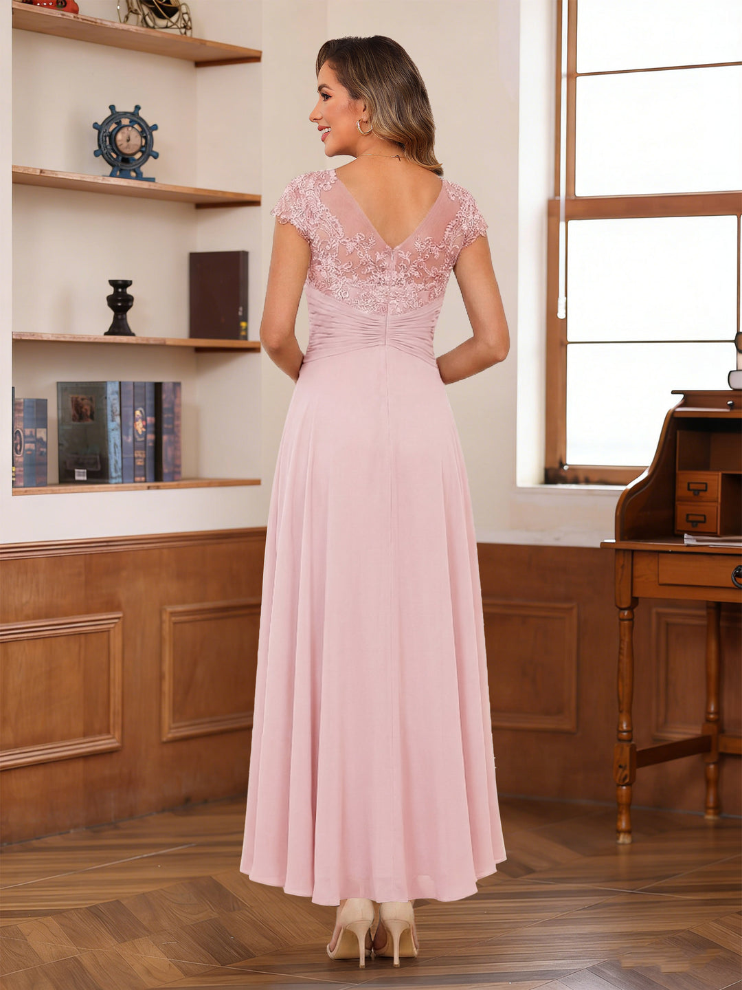 A-Line/Princess Scoop Short Sleeves Ankle-Length Mother of the Bride Dresses with Lace &amp; Applique