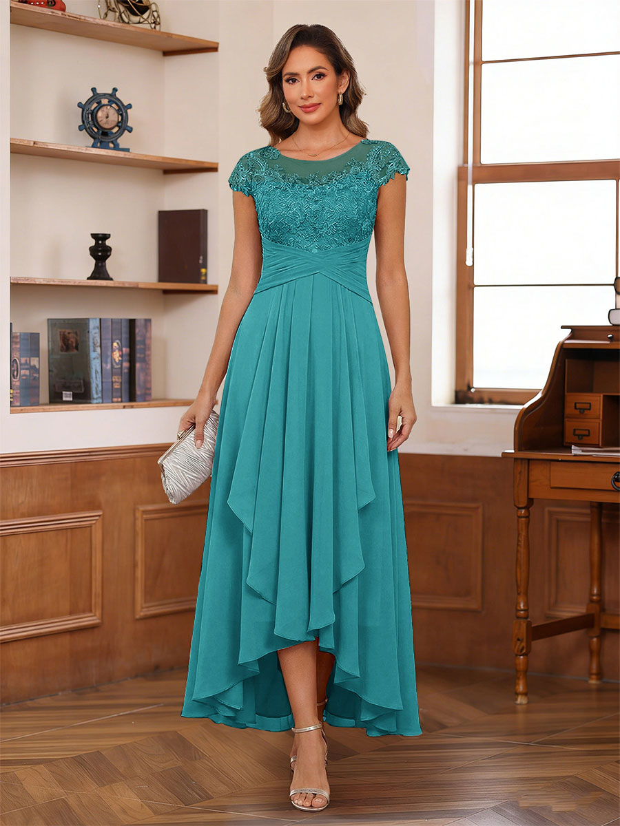 A-Line/Princess Scoop Short Sleeves Ankle-Length Mother of the Bride Dresses with Lace &amp; Applique