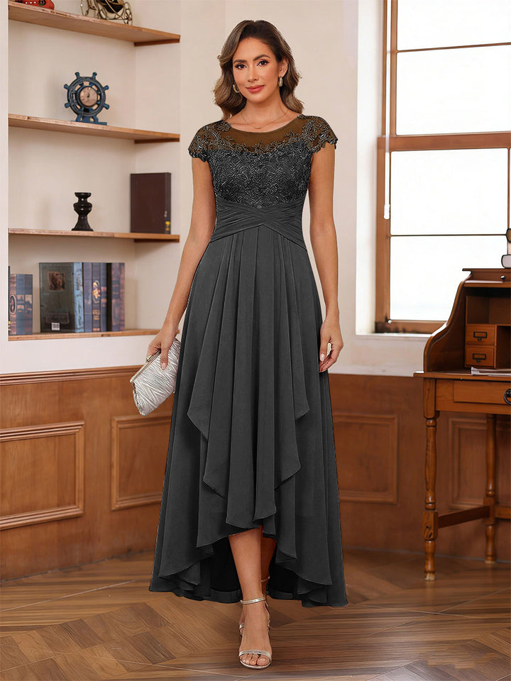 A-Line/Princess Scoop Short Sleeves Ankle-Length Mother of the Bride Dresses with Lace &amp; Applique