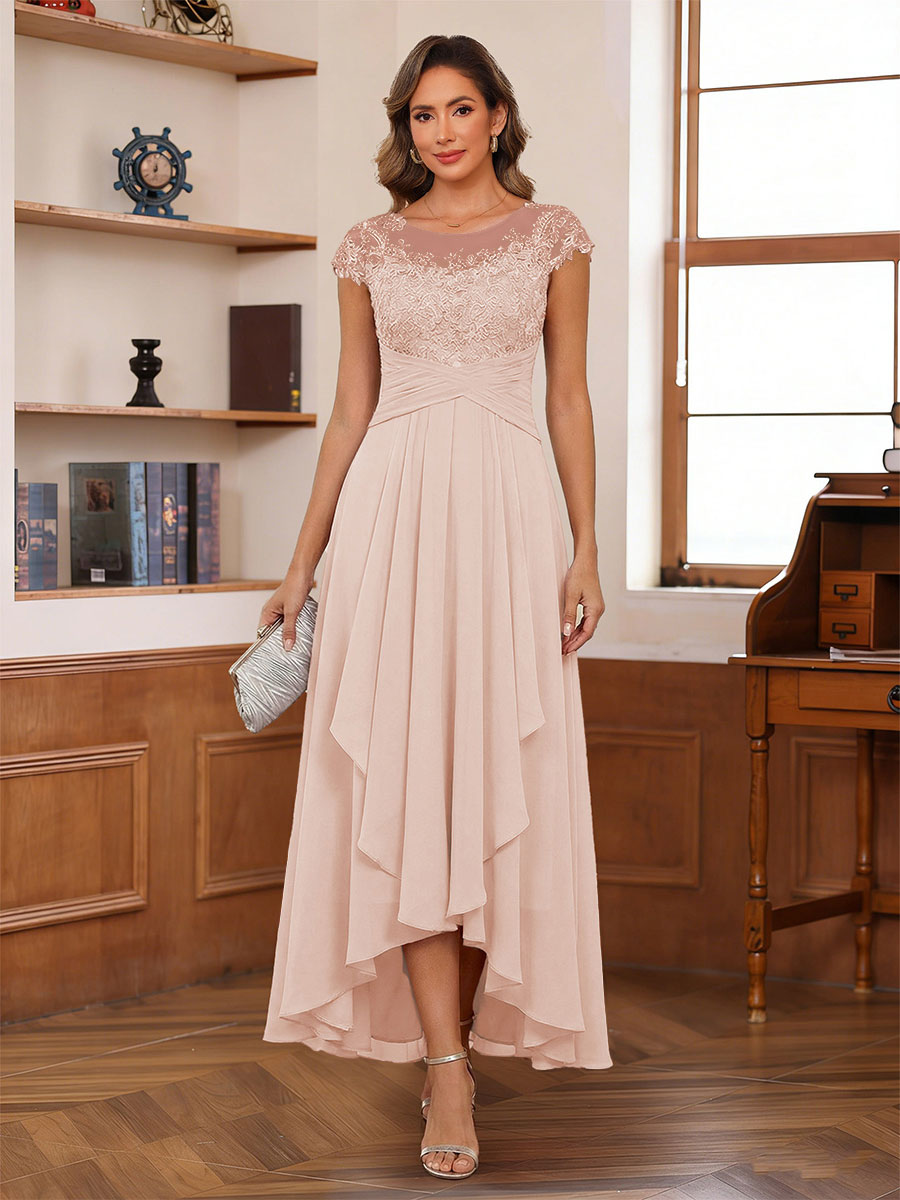 A-Line/Princess Scoop Short Sleeves Ankle-Length Mother of the Bride Dresses with Lace &amp; Applique