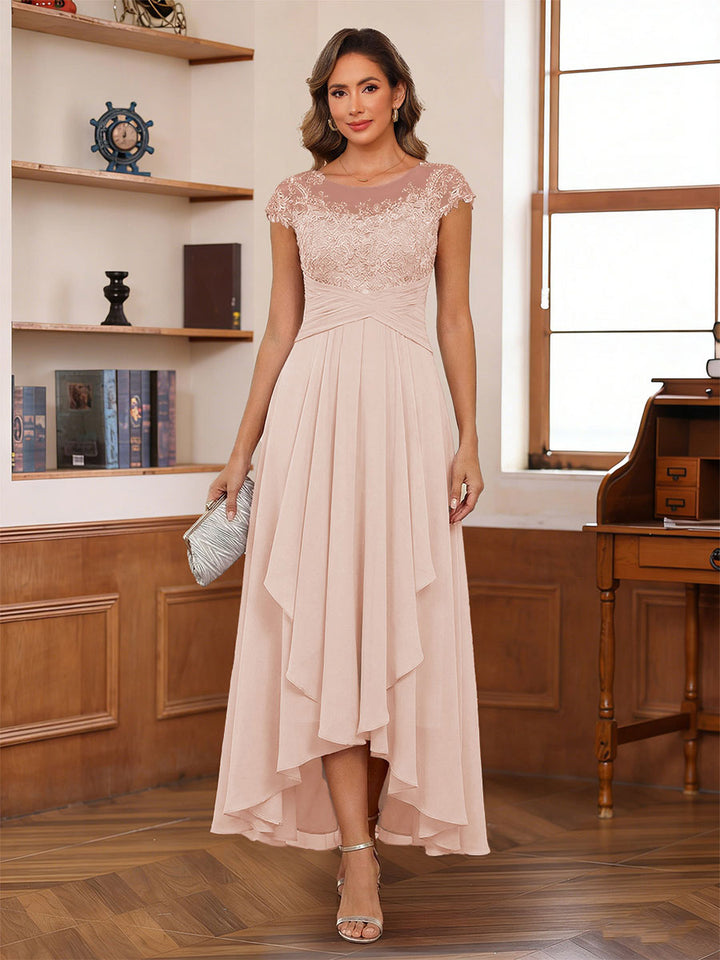 A-Line/Princess Scoop Short Sleeves Ankle-Length Mother of the Bride Dresses with Lace &amp; Applique