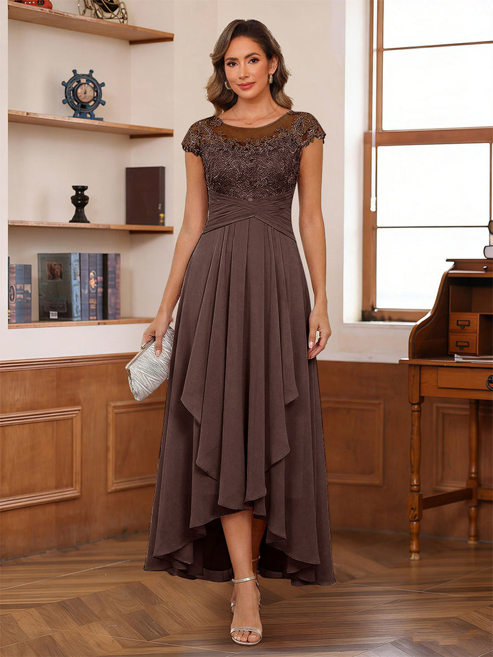 A-Line/Princess Scoop Short Sleeves Ankle-Length Mother of the Bride Dresses with Lace &amp; Applique