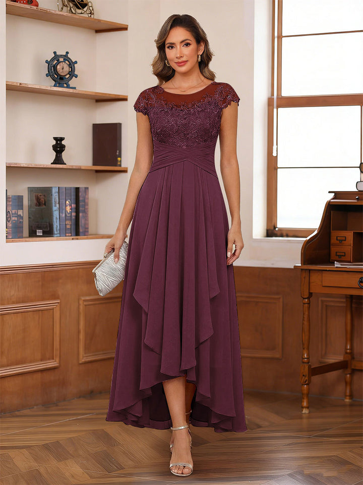 A-Line/Princess Scoop Short Sleeves Ankle-Length Mother of the Bride Dresses with Lace &amp; Applique