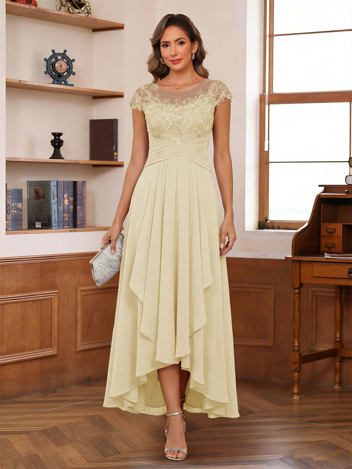 A-Line/Princess Scoop Short Sleeves Ankle-Length Mother of the Bride Dresses with Lace &amp; Applique