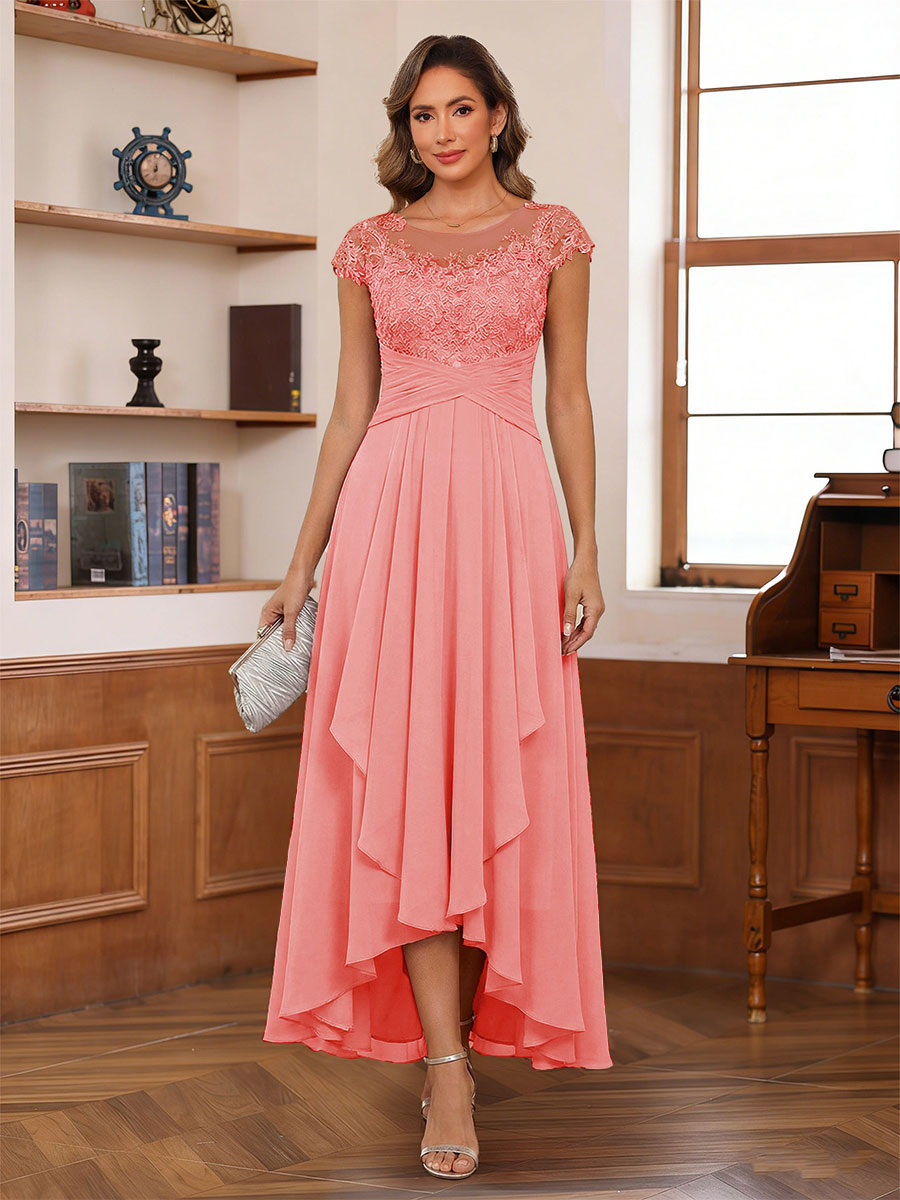 A-Line/Princess Scoop Short Sleeves Ankle-Length Mother of the Bride Dresses with Lace &amp; Applique