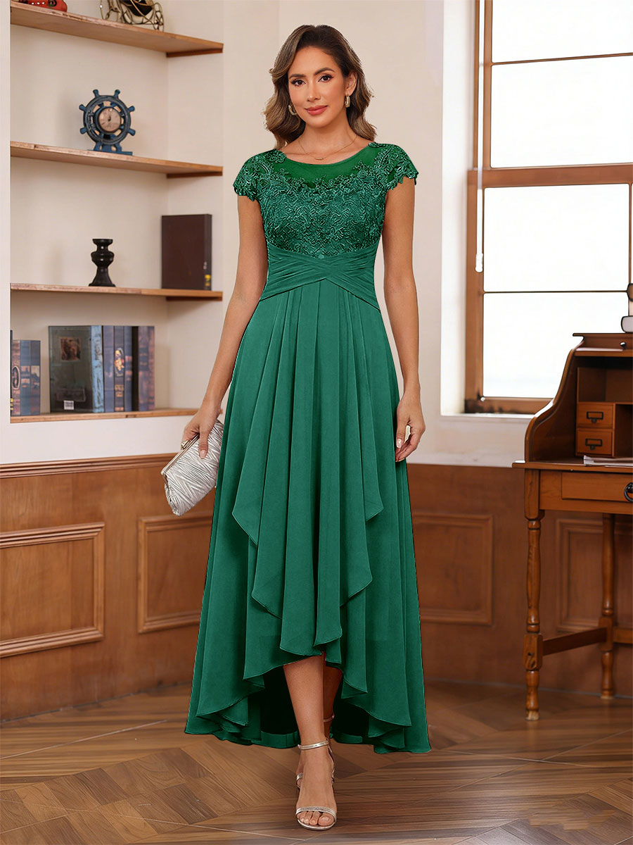A-Line/Princess Scoop Short Sleeves Ankle-Length Mother of the Bride Dresses with Lace &amp; Applique