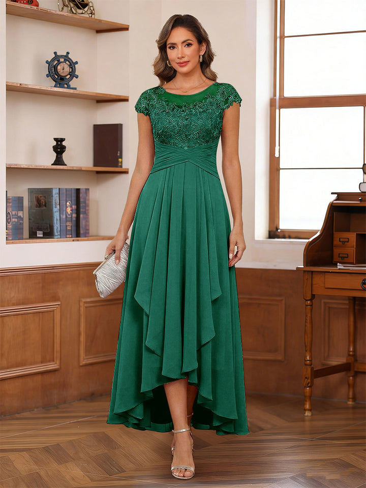 A-Line/Princess Scoop Short Sleeves Ankle-Length Mother of the Bride Dresses with Lace &amp; Applique