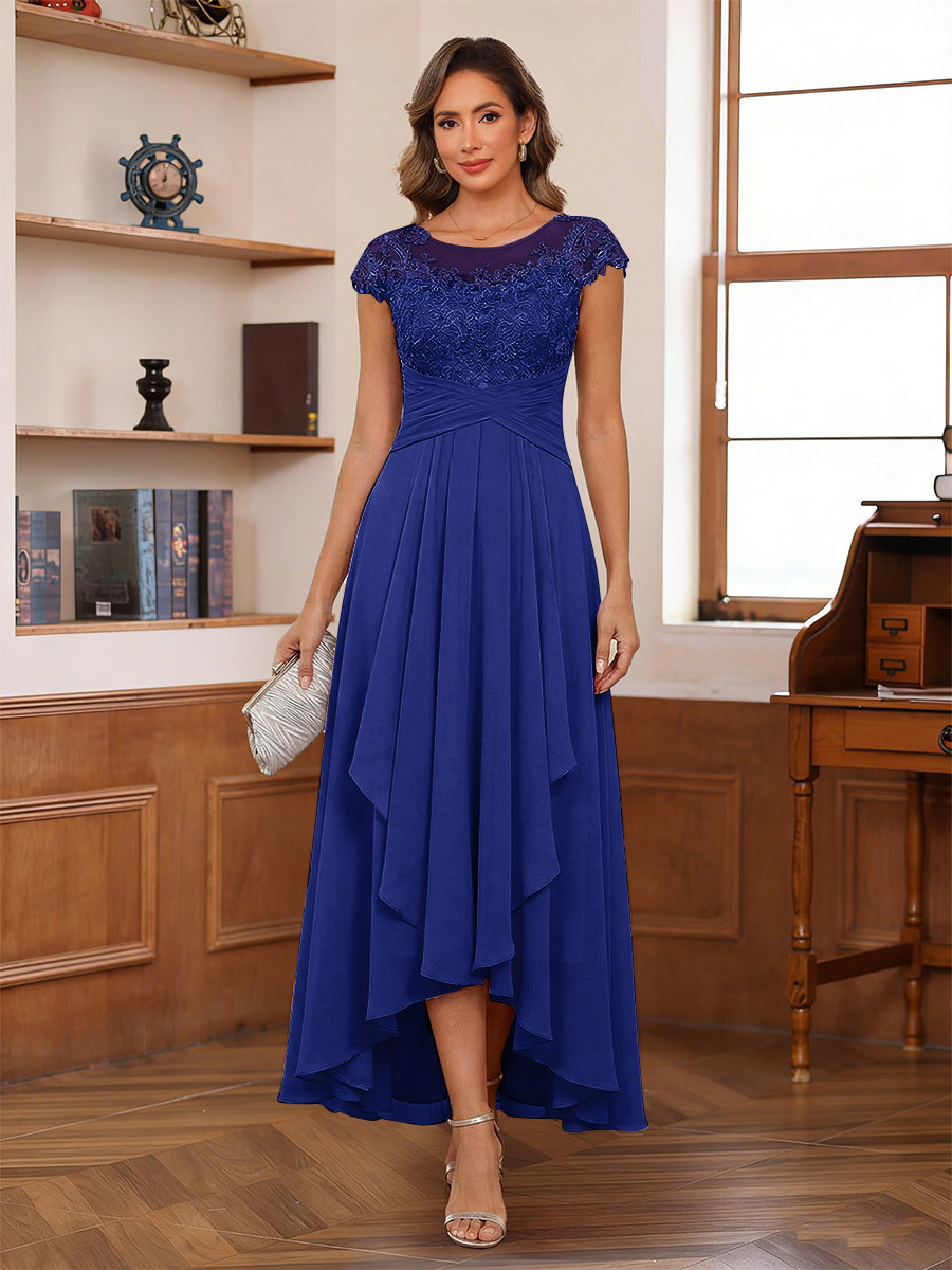 A-Line/Princess Scoop Short Sleeves Ankle-Length Mother of the Bride Dresses with Lace &amp; Applique