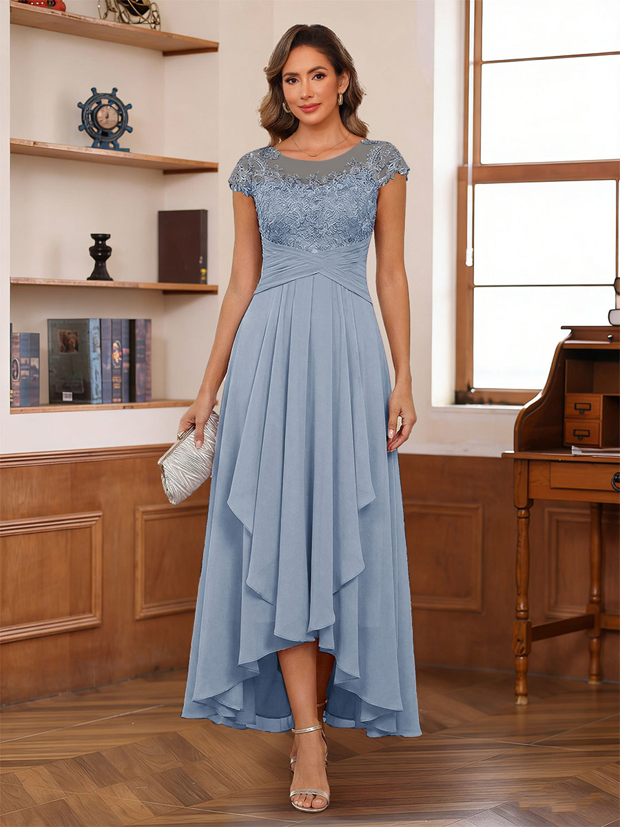 A-Line/Princess Scoop Short Sleeves Ankle-Length Mother of the Bride Dresses with Lace &amp; Applique