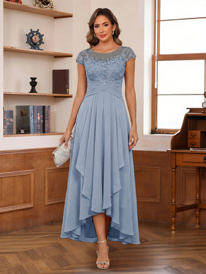 A-Line/Princess Scoop Short Sleeves Ankle-Length Mother of the Bride Dresses with Lace & Applique