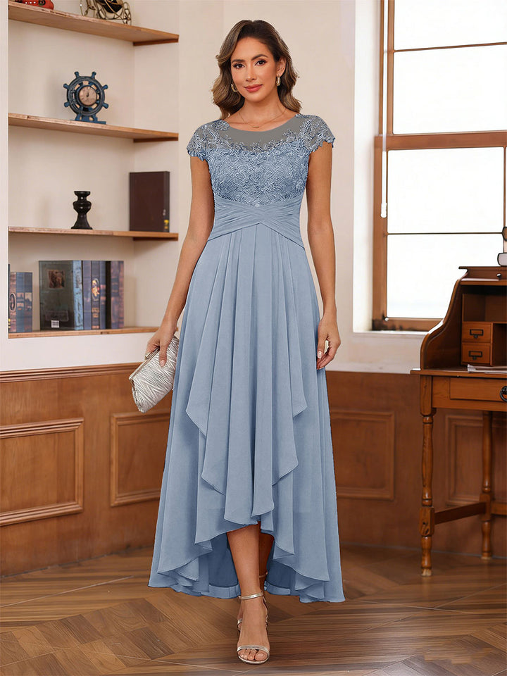 A-Line/Princess Scoop Short Sleeves Ankle-Length Mother of the Bride Dresses with Lace &amp; Applique