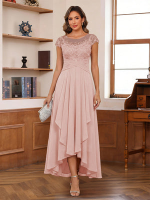 A-Line/Princess Scoop Short Sleeves Mother of the Bride Dresses with Applique & Ruffles
