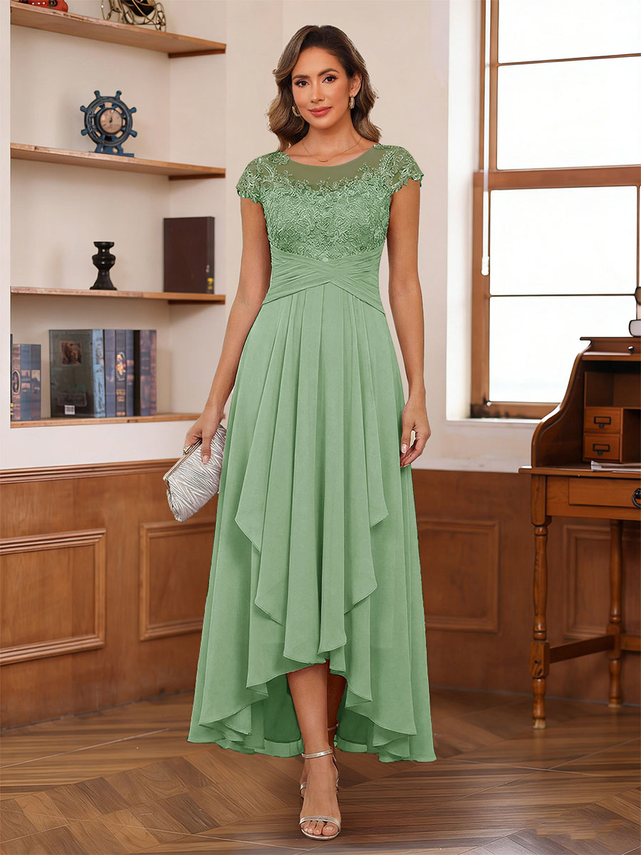 A-Line/Princess Scoop Short Sleeves Ankle-Length Mother of the Bride Dresses with Lace &amp; Applique