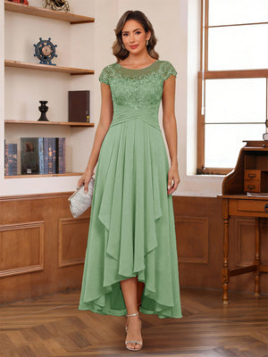 A-Line/Princess Scoop Short Sleeves Ankle-Length Mother of the Bride Dresses with Lace & Applique