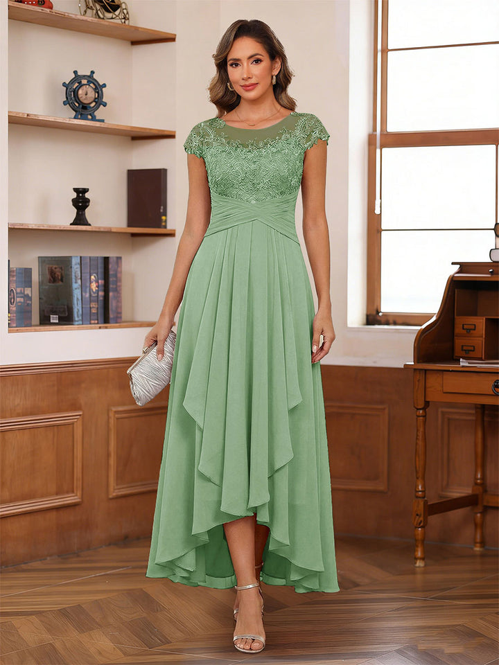 A-Line/Princess Scoop Short Sleeves Ankle-Length Mother of the Bride Dresses with Lace &amp; Applique