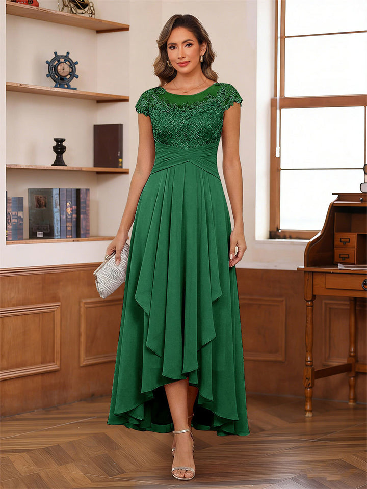 A-Line/Princess Scoop Short Sleeves Ankle-Length Mother of the Bride Dresses with Lace &amp; Applique