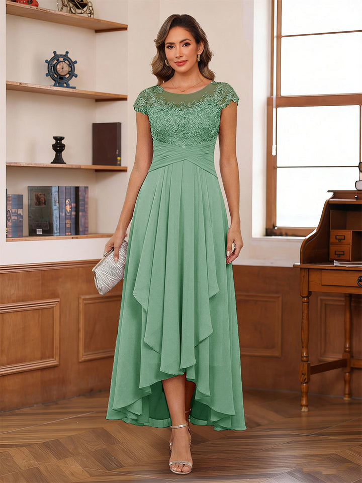 A-Line/Princess Scoop Short Sleeves Ankle-Length Mother of the Bride Dresses with Lace &amp; Applique
