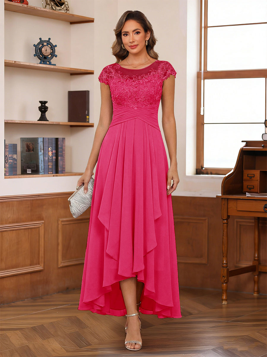 A-Line/Princess Scoop Short Sleeves Ankle-Length Mother of the Bride Dresses with Lace &amp; Applique