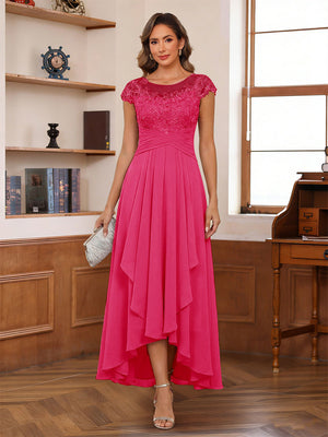 A-Line/Princess Scoop Short Sleeves Ankle-Length Mother of the Bride Dresses with Lace & Applique