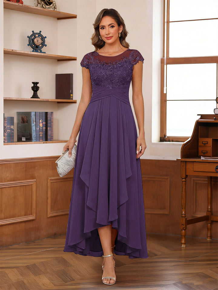 A-Line/Princess Scoop Short Sleeves Ankle-Length Mother of the Bride Dresses with Lace &amp; Applique