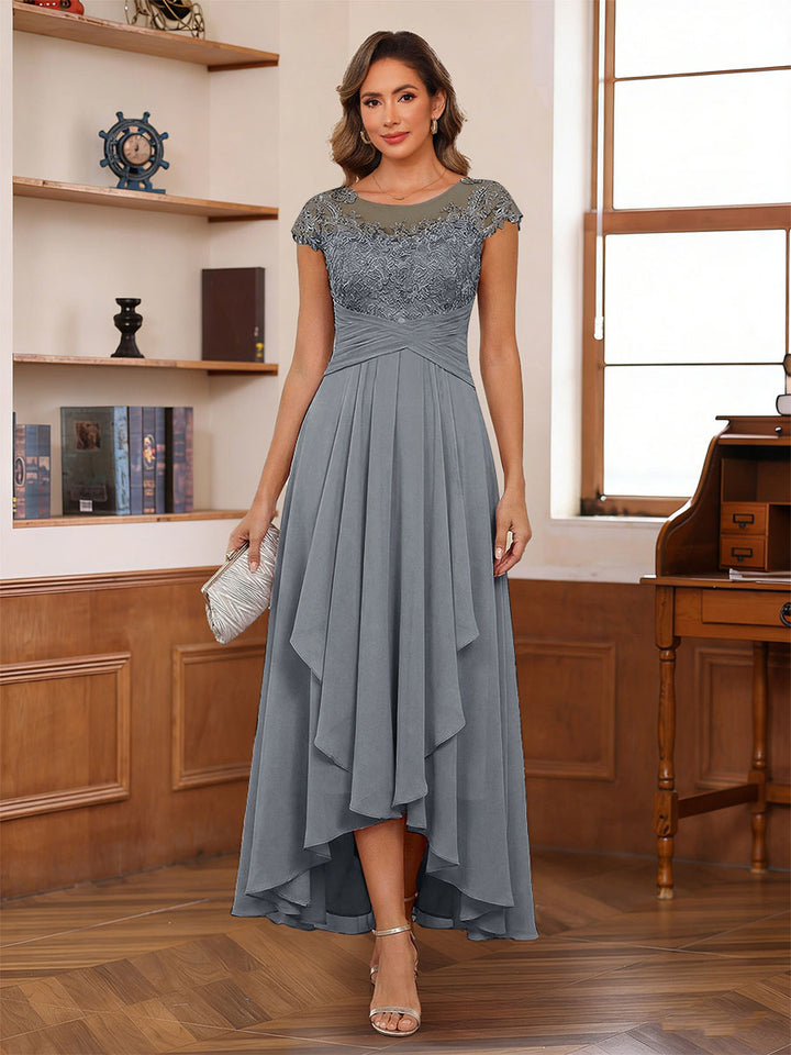 A-Line/Princess Scoop Short Sleeves Ankle-Length Mother of the Bride Dresses with Lace &amp; Applique
