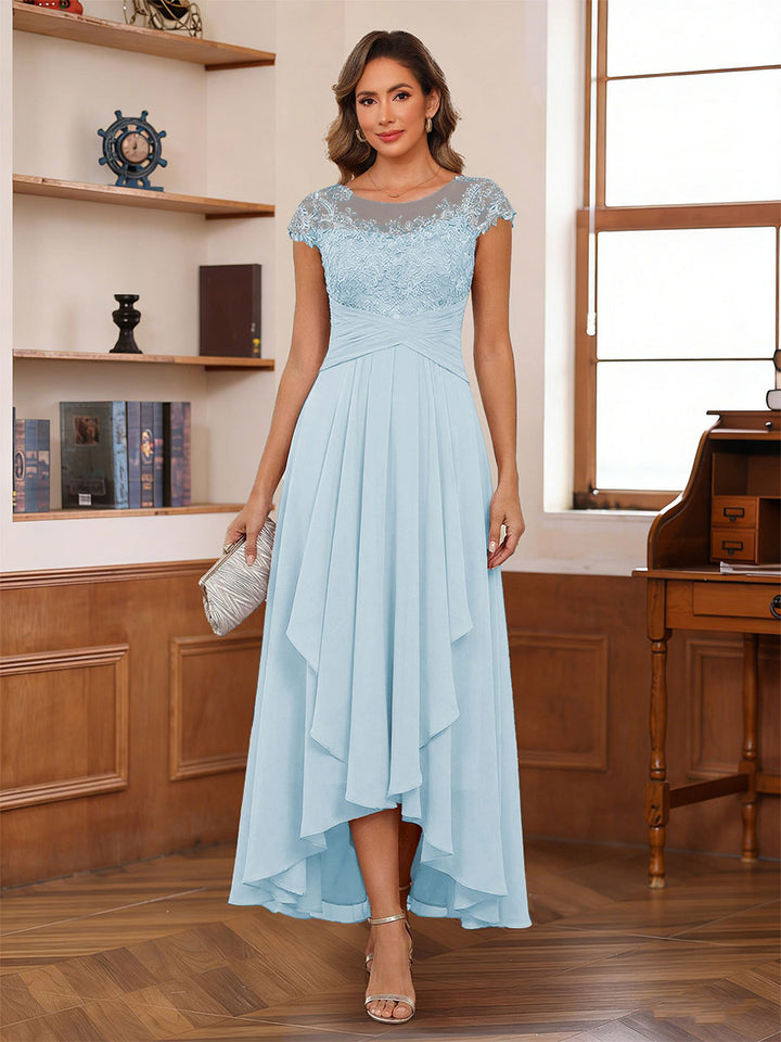 A-Line/Princess Scoop Short Sleeves Ankle-Length Mother of the Bride Dresses with Lace &amp; Applique