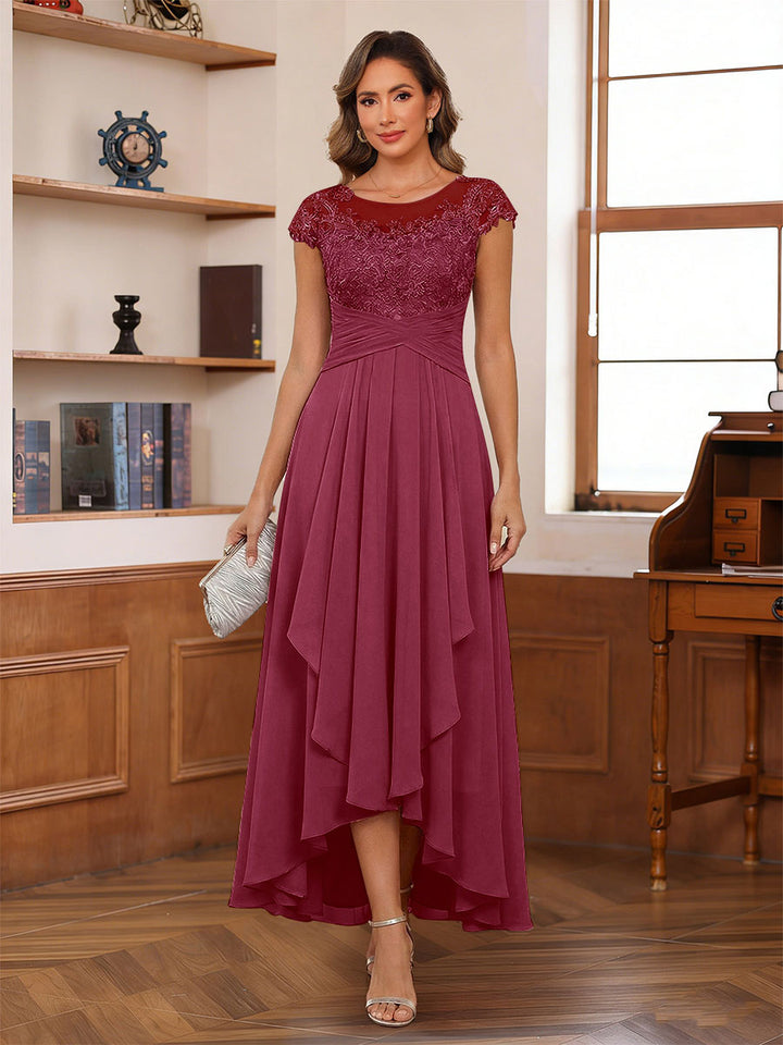 A-Line/Princess Scoop Short Sleeves Ankle-Length Mother of the Bride Dresses with Lace &amp; Applique