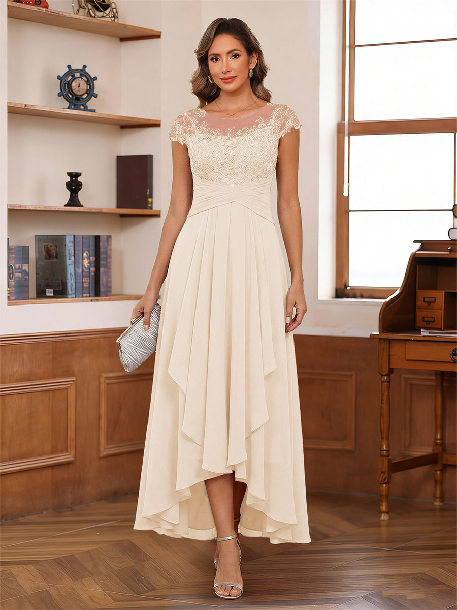 A-Line/Princess Scoop Short Sleeves Ankle-Length Mother of the Bride Dresses with Lace &amp; Applique