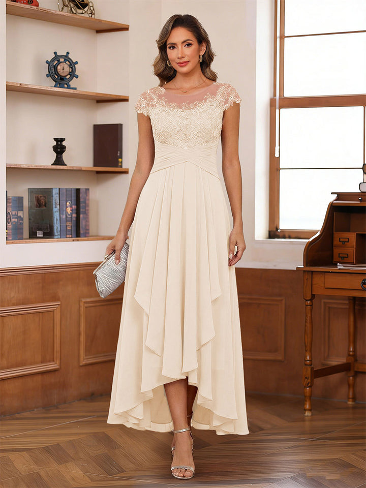 A-Line/Princess Scoop Short Sleeves Ankle-Length Mother of the Bride Dresses with Lace &amp; Applique