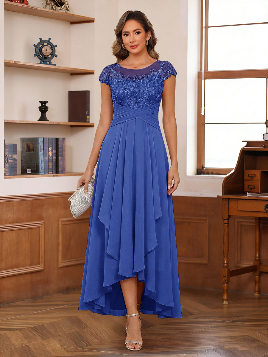 A-Line/Princess Scoop Short Sleeves Ankle-Length Mother of the Bride Dresses with Lace &amp; Applique
