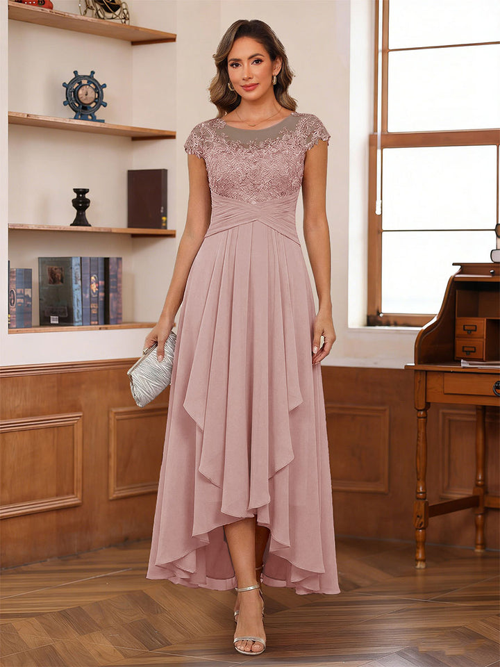 A-Line/Princess Scoop Short Sleeves Ankle-Length Mother of the Bride Dresses with Lace &amp; Applique