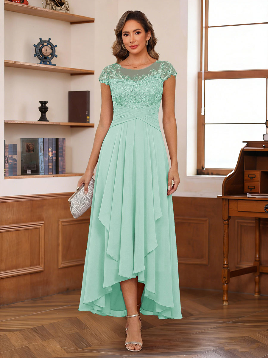 A-Line/Princess Scoop Short Sleeves Ankle-Length Mother of the Bride Dresses with Lace &amp; Applique