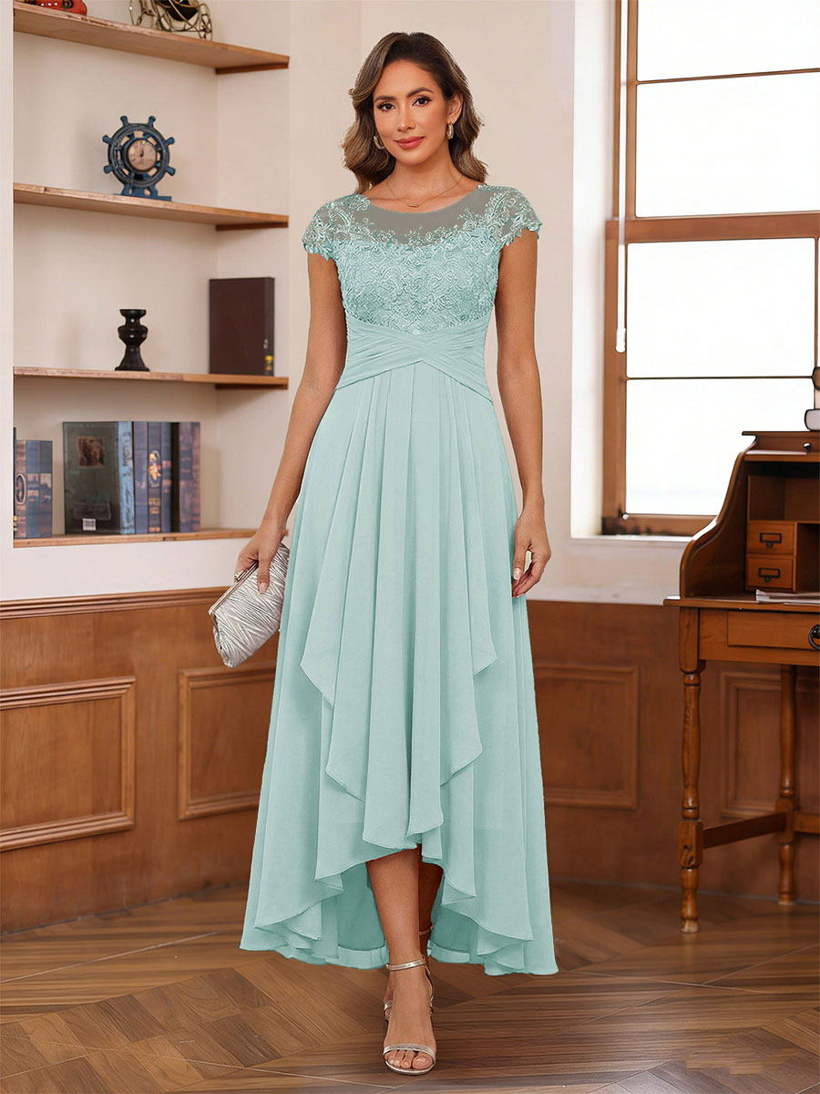 A-Line/Princess Scoop Short Sleeves Ankle-Length Mother of the Bride Dresses with Lace &amp; Applique