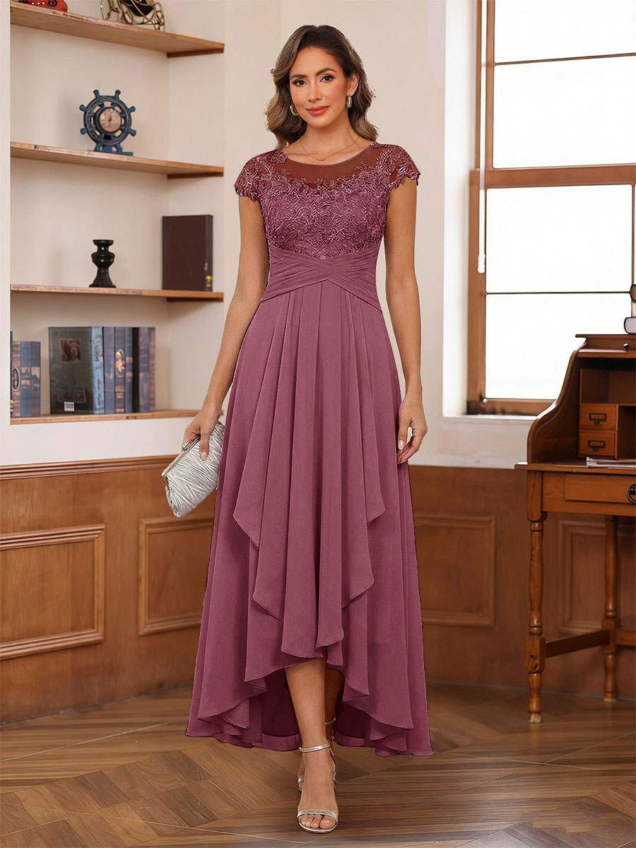 A-Line/Princess Scoop Short Sleeves Ankle-Length Mother of the Bride Dresses with Lace &amp; Applique