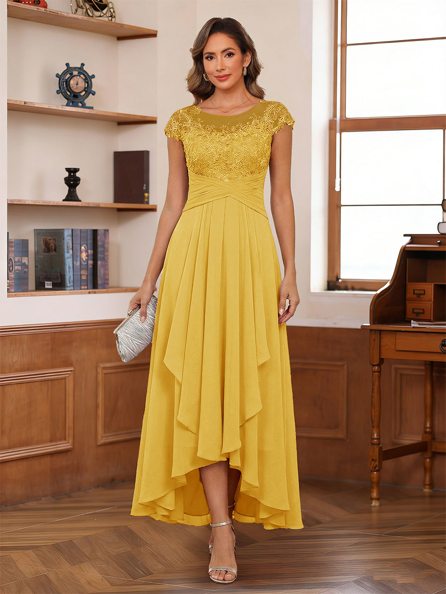 A-Line/Princess Scoop Short Sleeves Ankle-Length Mother of the Bride Dresses with Lace &amp; Applique
