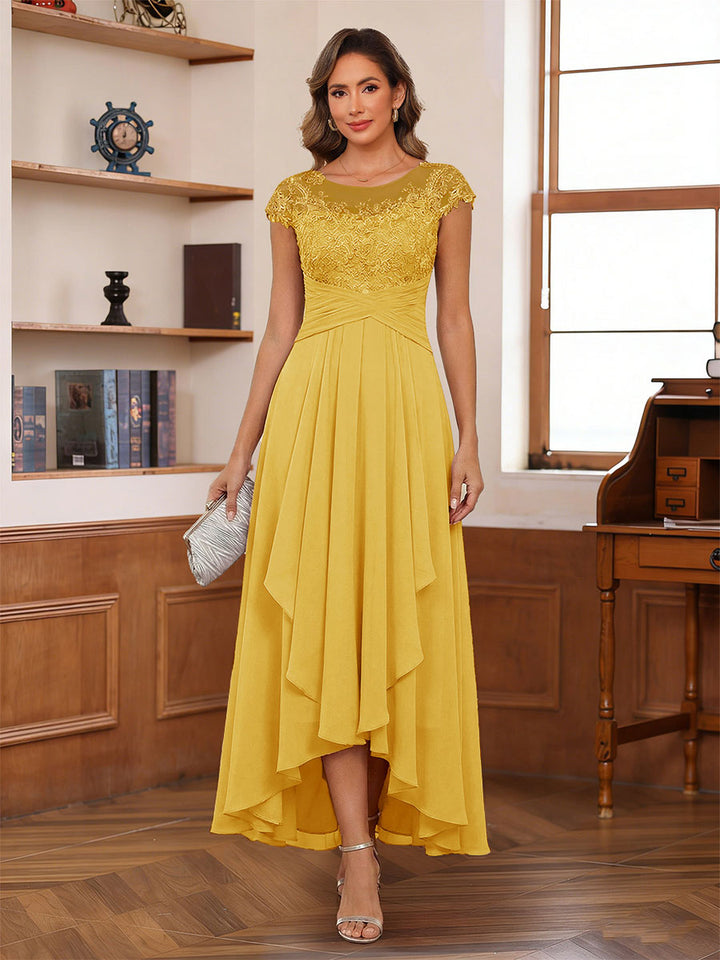 A-Line/Princess Scoop Short Sleeves Ankle-Length Mother of the Bride Dresses with Lace &amp; Applique