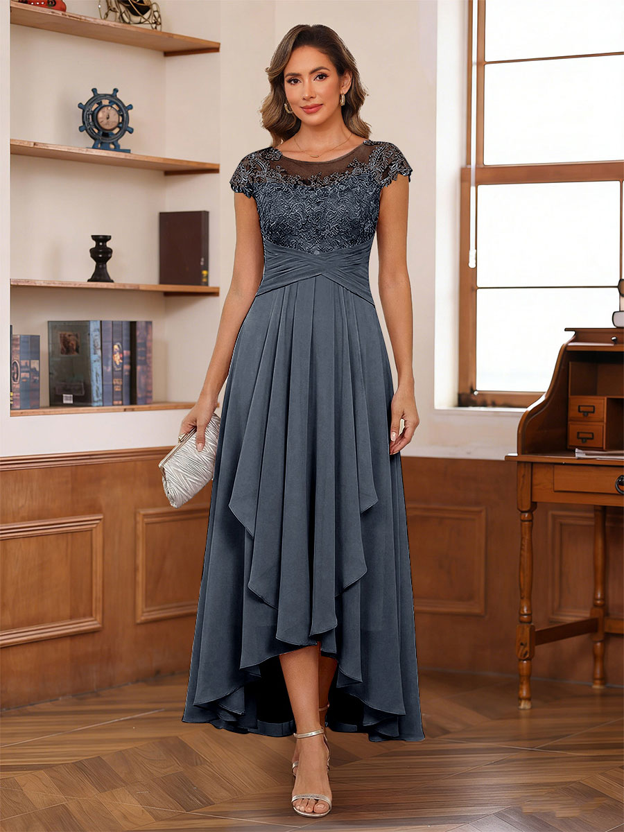 A-Line/Princess Scoop Short Sleeves Ankle-Length Mother of the Bride Dresses with Lace &amp; Applique