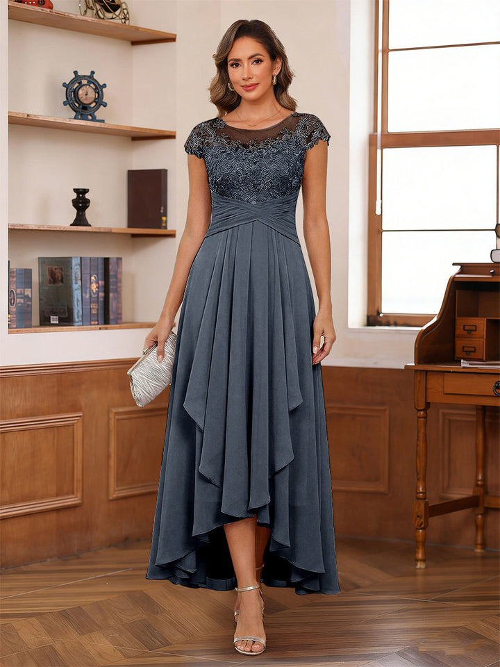 A-Line/Princess Scoop Short Sleeves Ankle-Length Mother of the Bride Dresses with Lace &amp; Applique