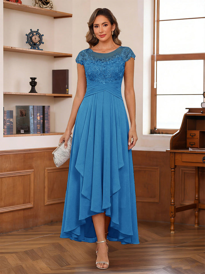 A-Line/Princess Scoop Short Sleeves Ankle-Length Mother of the Bride Dresses with Lace &amp; Applique