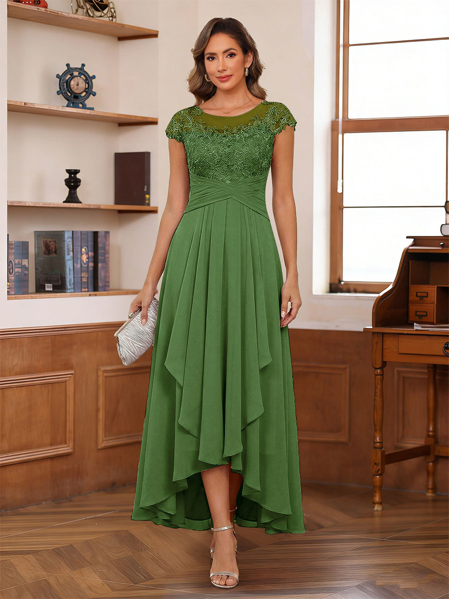 A-Line/Princess Scoop Short Sleeves Ankle-Length Mother of the Bride Dresses with Lace &amp; Applique