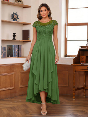 A-Line/Princess Scoop Short Sleeves Ankle-Length Mother of the Bride Dresses with Lace & Applique