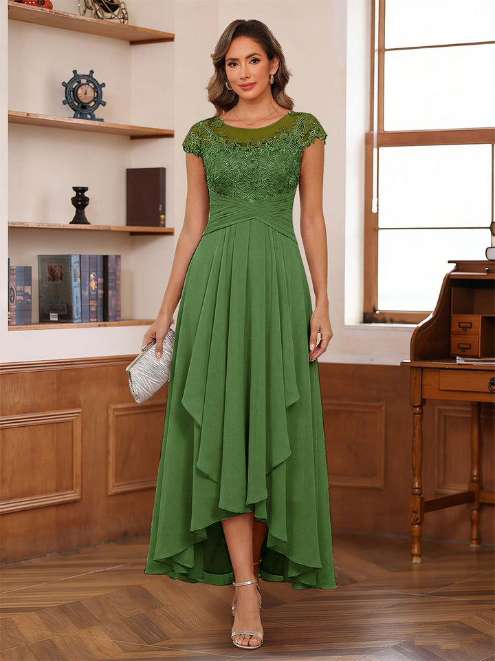 A-Line/Princess Scoop Short Sleeves Ankle-Length Mother of the Bride Dresses with Lace &amp; Applique