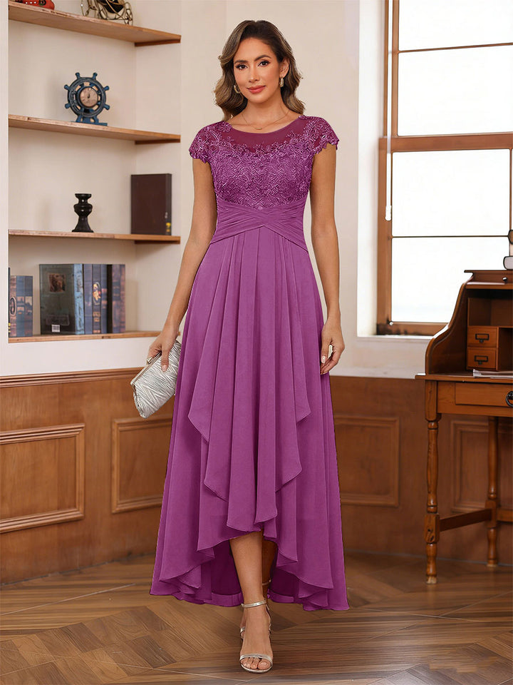 A-Line/Princess Scoop Short Sleeves Ankle-Length Mother of the Bride Dresses with Lace &amp; Applique